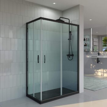 Mampara de ducha rectangular TEMPO apertura angular 2 fijos-2 puertas correderas. Vidrio transparente con tratamiento anti-cal.Acabado NEGRO MATE